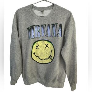 Retro 90s Nirvana Rock Band Grunge Dead Happy Face Gray Crew Sweatshirt OS BF